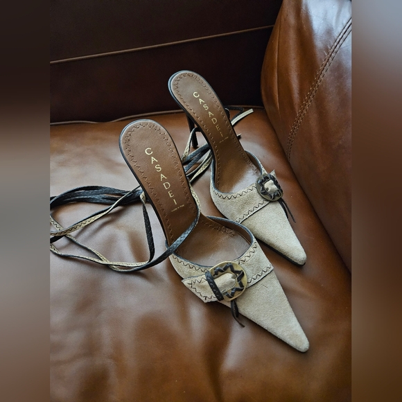 Casadei, size 7 B, SUEDE Leather POINT Toe Tie-On High Pump Heels - Picture 1 of 6